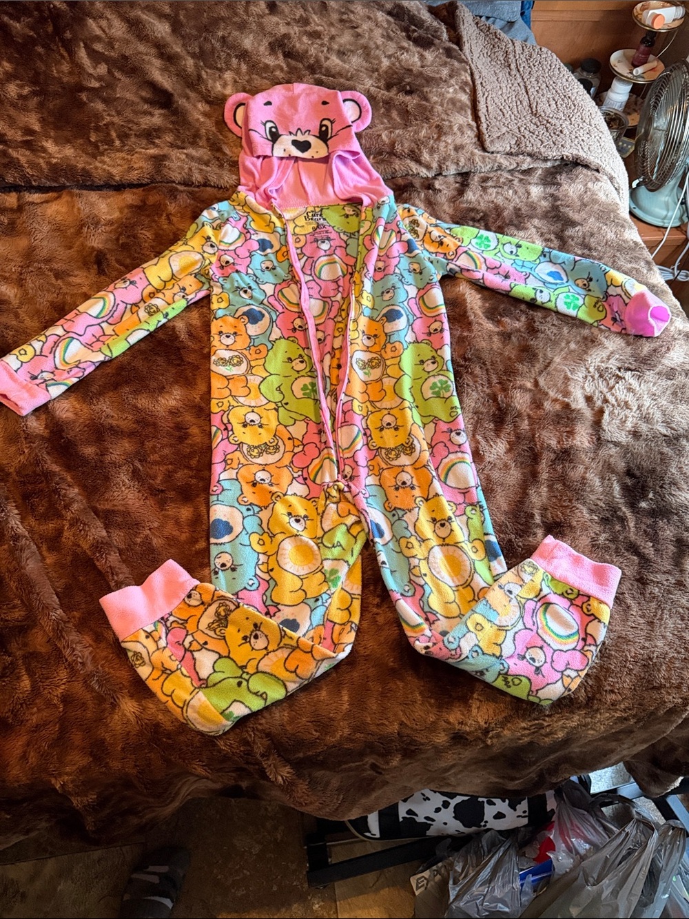 Kids Fleece Care Bear One-Piece Pajamas in Pink Multicolor with Bear Hoodie
